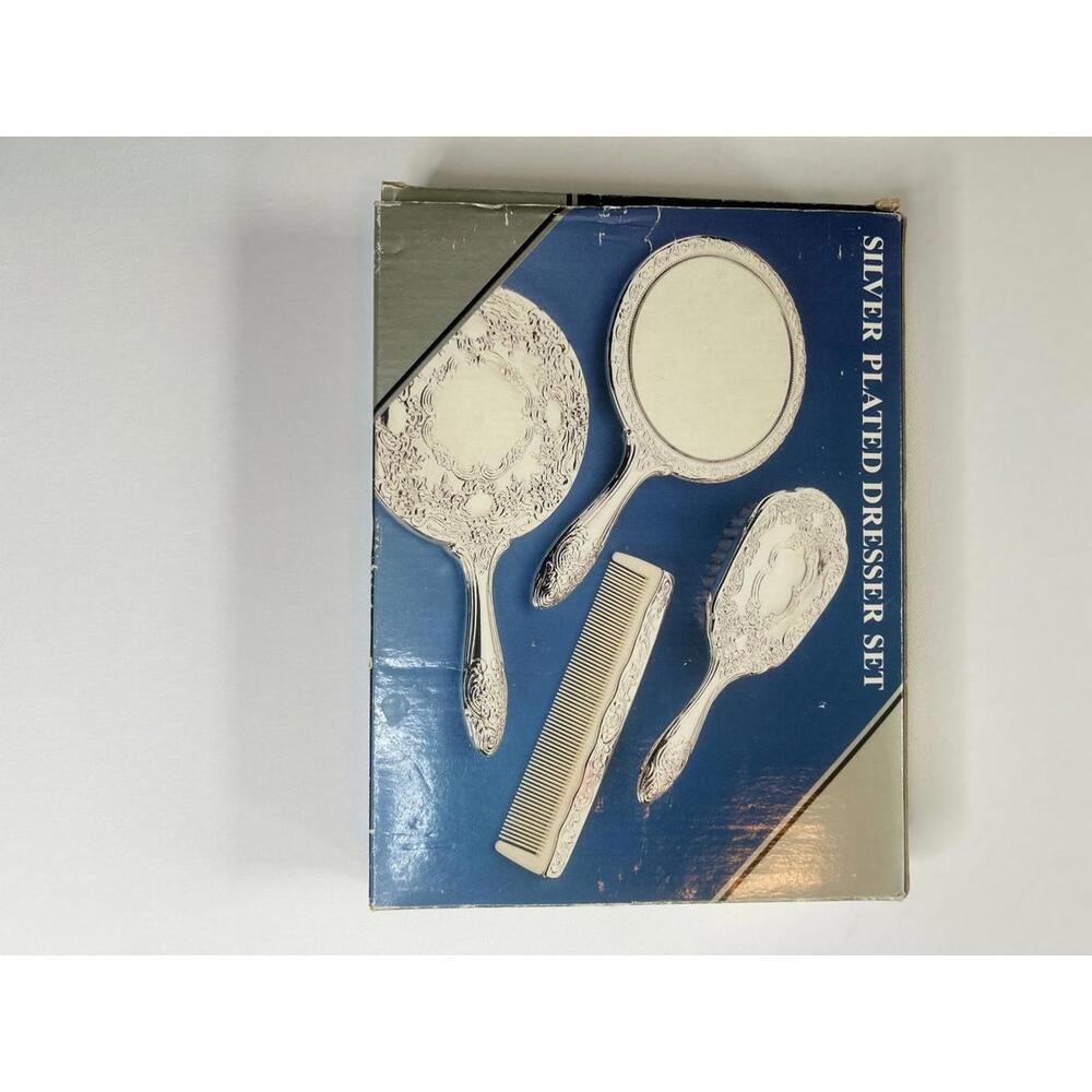 Silver plated dresser set, name “Amanda” on mirror